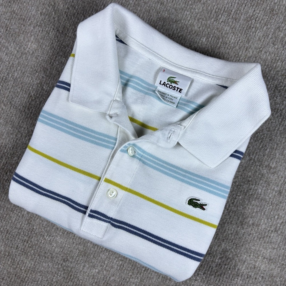 Lacoste Polo Shirt Men's Size 9 EU White Blue Green Striped 100% Cotton